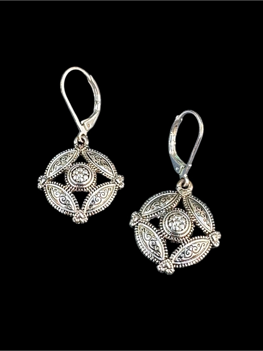 Vintage Style Silver Filigree Crystal Medallion Dangle Earrings